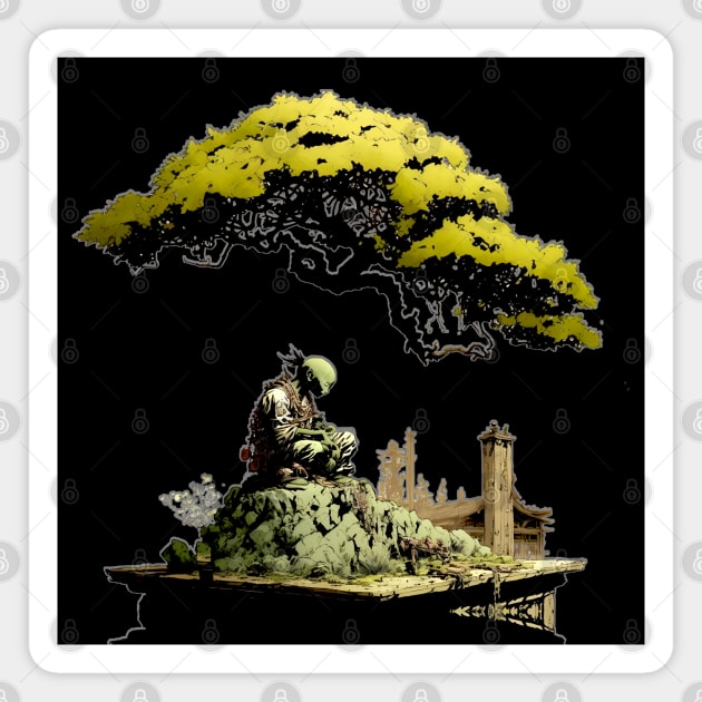 Contemplating the Complexities Under the Japanese Bonsai Tree No. 1 on a Dark Background Magnet by Puff Sumo